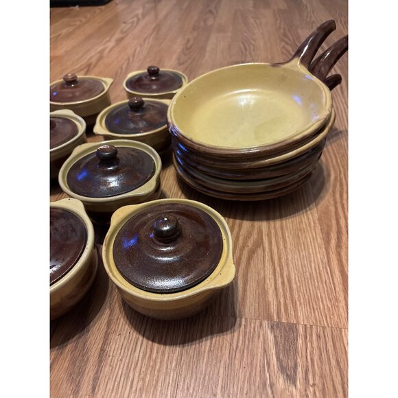 Rare Set Of Vtg Artisan crocks & Plates Brown & tan drip Clay MCM Pull Handles - Picture 11 of 11